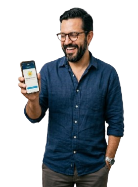 Hombre con barba y gafas celebrando la aprobación de su incapacidad laboral en la app de ICPAY